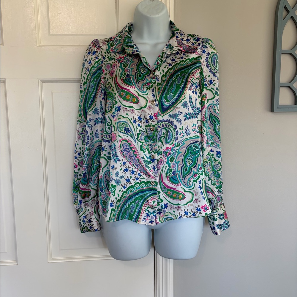 Zara Green & White Paisley Button-Up Blouse - Picture 1 of 4
